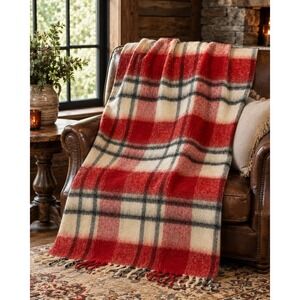 Demdaco Cuddle Blanket Red Cream Plaid Fringed Throw 42x78